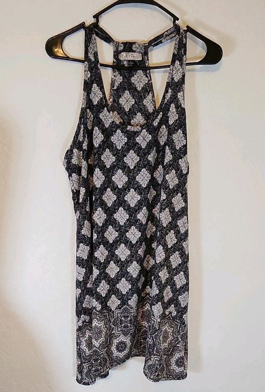 J Vadi Black White Geometric Tank Dress V-Neck Sleeveless Strappy‎ Size L